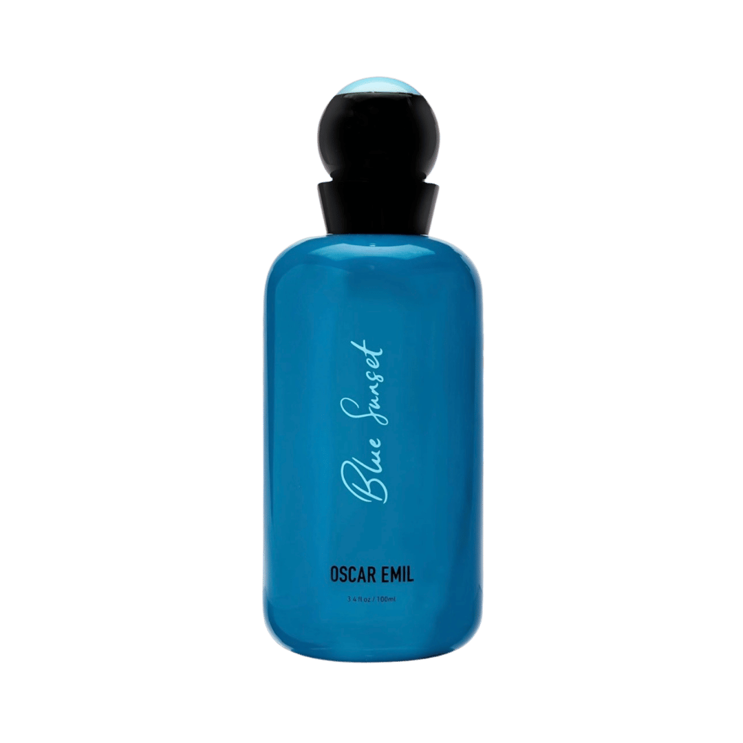Blue perfume bottle labeled 'Blue Sunset' by Oscar Emil on a transparent background