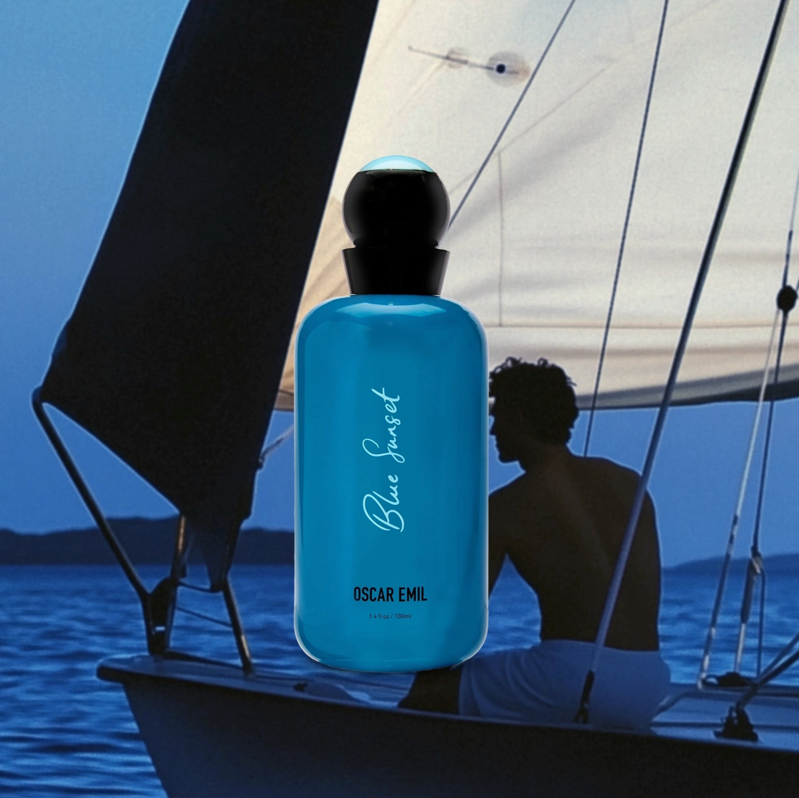 Blue bottle labeled 'Blue Sunset' by Oscar Emil on a sailboat with a person sitting inside.