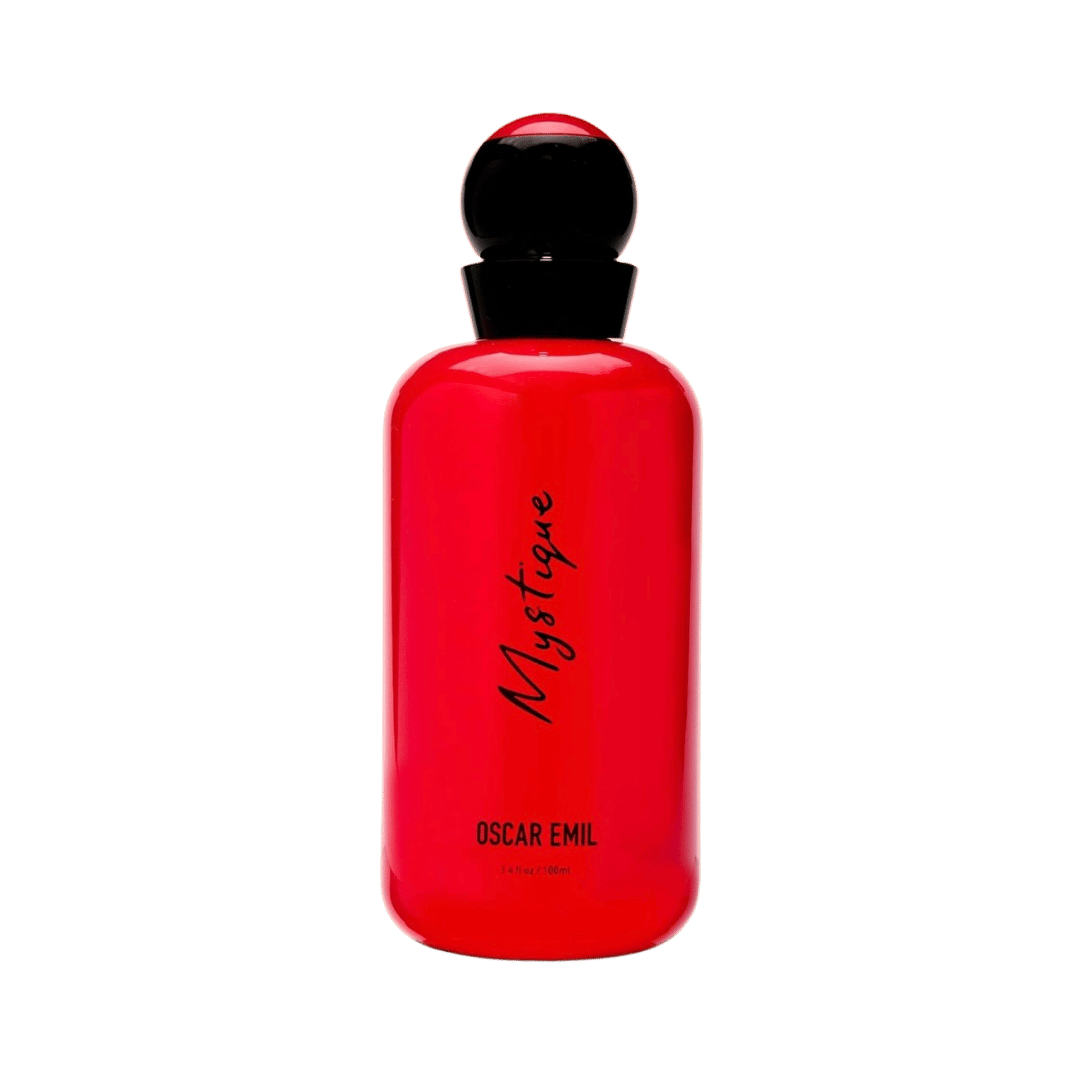 Red perfume bottle with black cap on a transparent background
