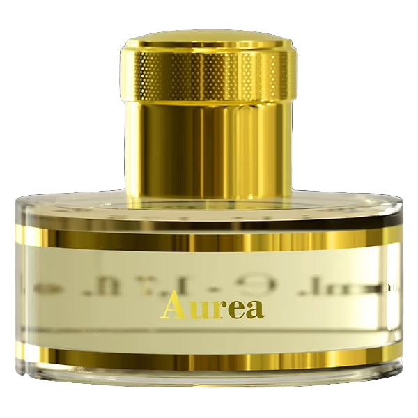 Gold and beige perfume bottle labeled 'Aurea' on a white background