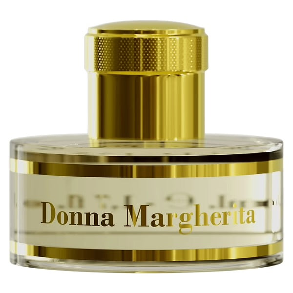A glass bottle of Pantheon Roma Donna Margherita Extrait de Parfum with a gold-colored cap and label.