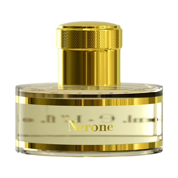 A glass bottle of Pantheon Roma Nerone Extrait de Parfum with a gold-colored cap and label.