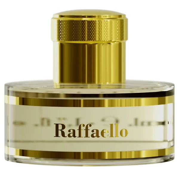 A bottle of Pantheon Roma Raffaello Extrait de Parfum with a clear glass body and a gold-colored cap, labeled with the name 'Raffaello'.