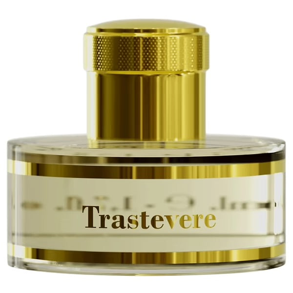 A glass bottle of Pantheon Roma Trastevere Extrait de Parfum with a gold-colored cap and label featuring the name 'Trastevere'.
