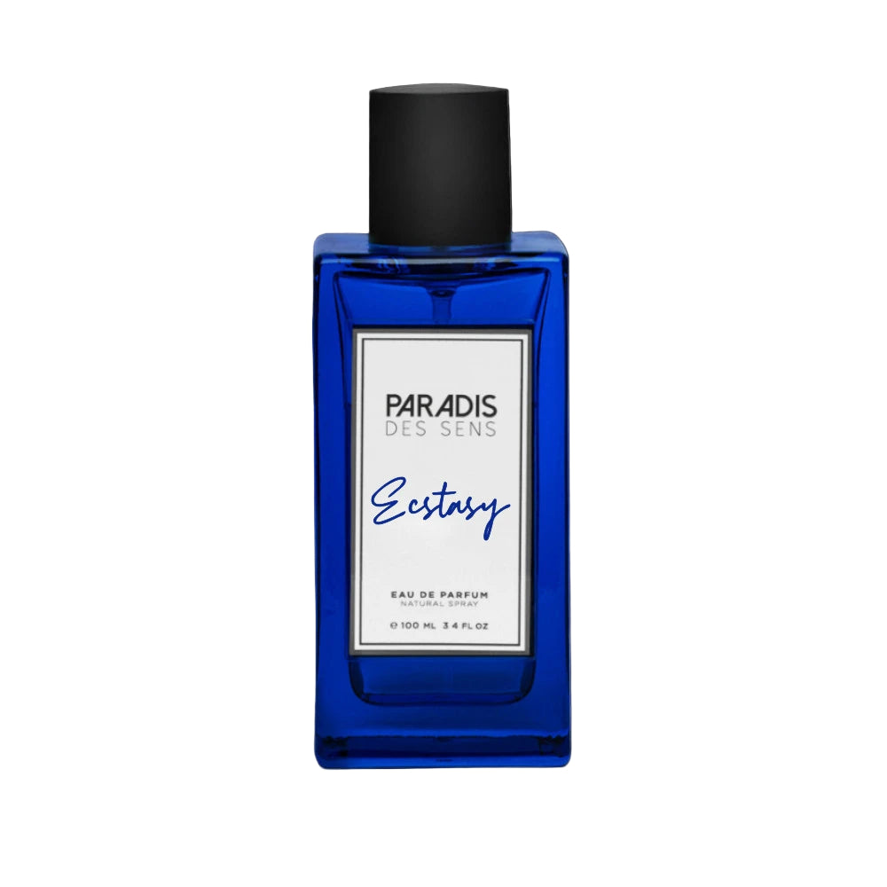 A blue bottle of Paradis Des Sens Ecstasy Eau de Parfum with a white label.