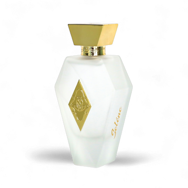 Perfume bottle with gold cap and diamond-shaped logo on a white background