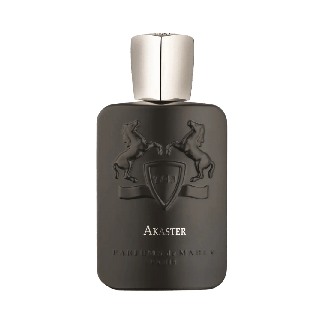 Black perfume bottle with silver cap on a transparent background