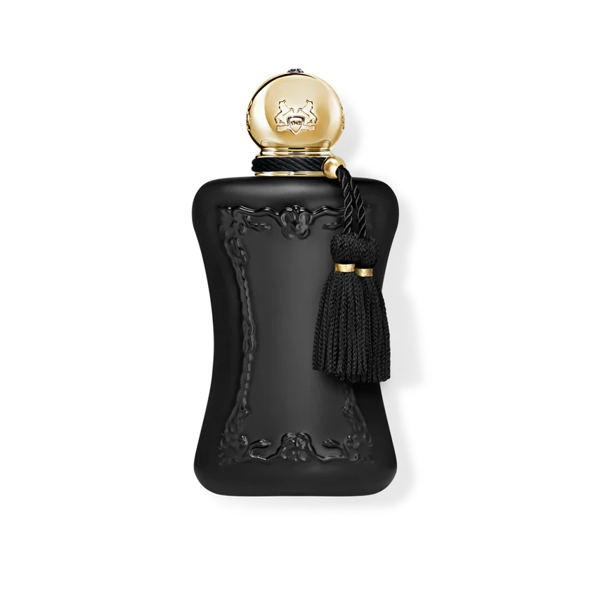 Black perfume bottle with gold cap and tassel on a white background