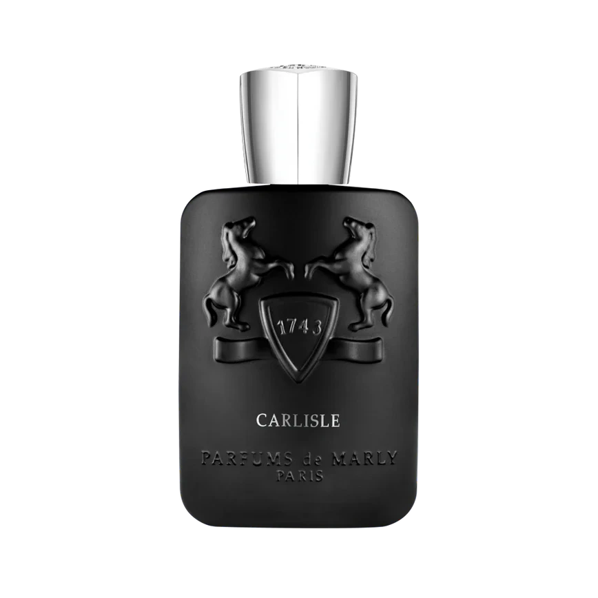 Black perfume bottle with silver cap on a white background