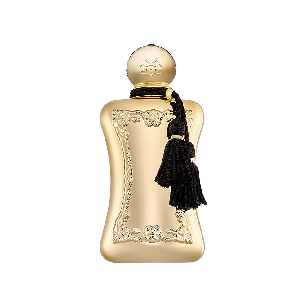 Gold perfume bottle with black tassel on a white background