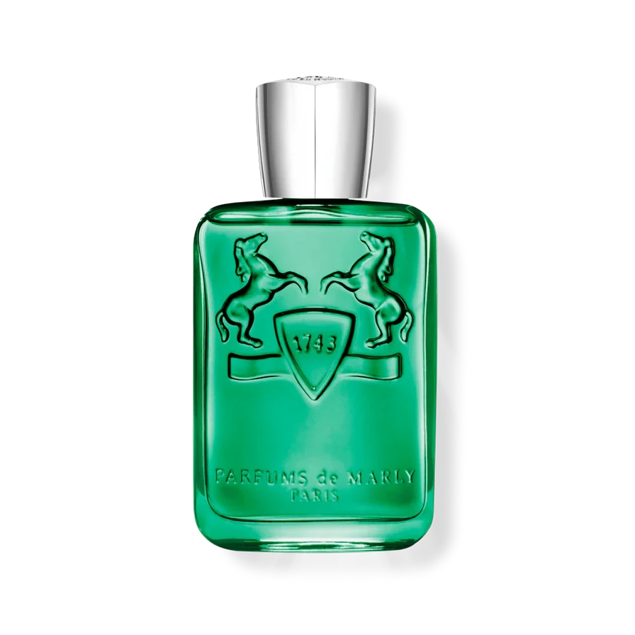 Green perfume bottle with silver cap on a white background PARFUMS DE MARLY - GREENLEY EAU DE PARFUM 4.2 OZ UNISEX