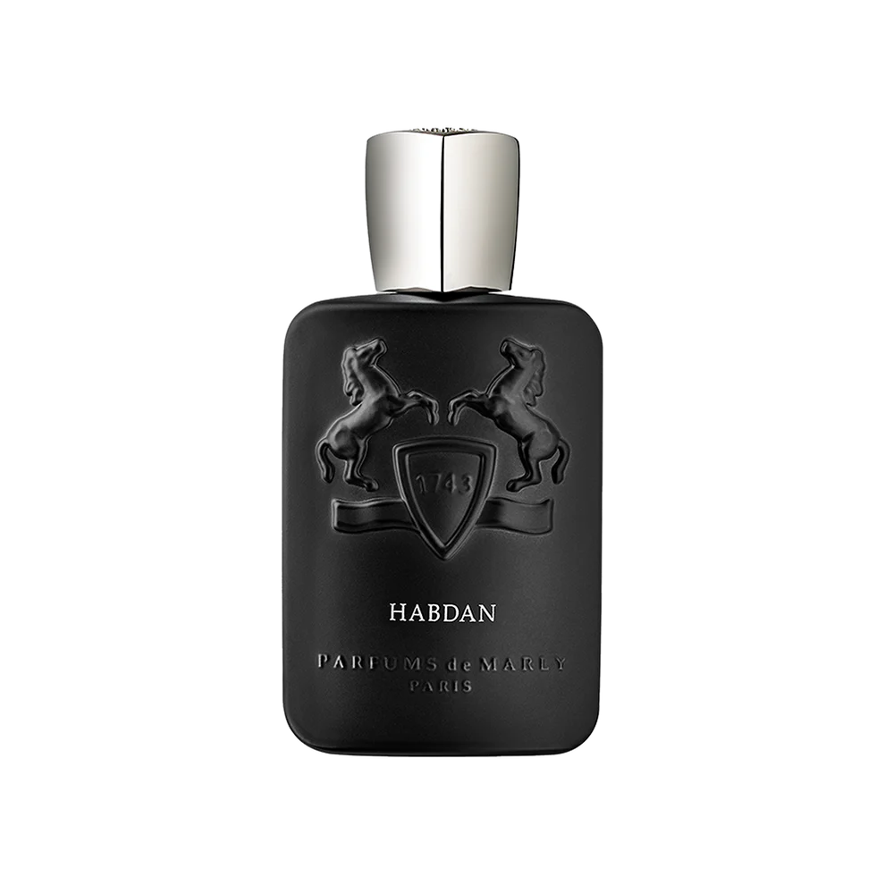 Black perfume bottle with silver cap on a white background PARFUMS DE MARLY - HABDAN EAU DE PARFUM 4.2 OZ FOR MEN