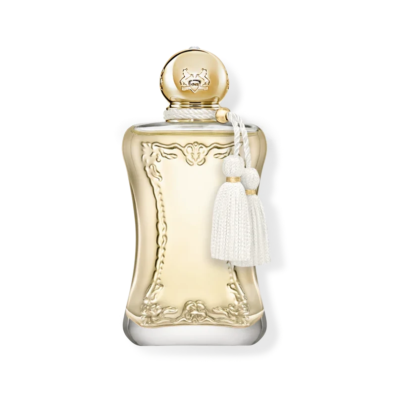 Decorative perfume bottle with a gold cap and white tassel on a white background