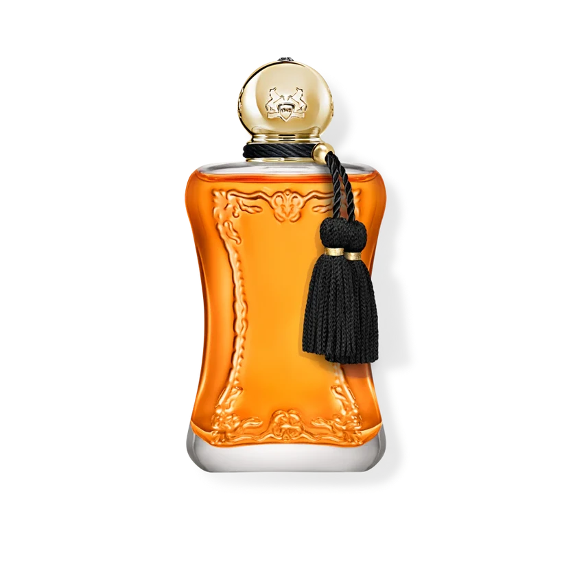 Orange perfume bottle with a gold cap and black tassel on a white background