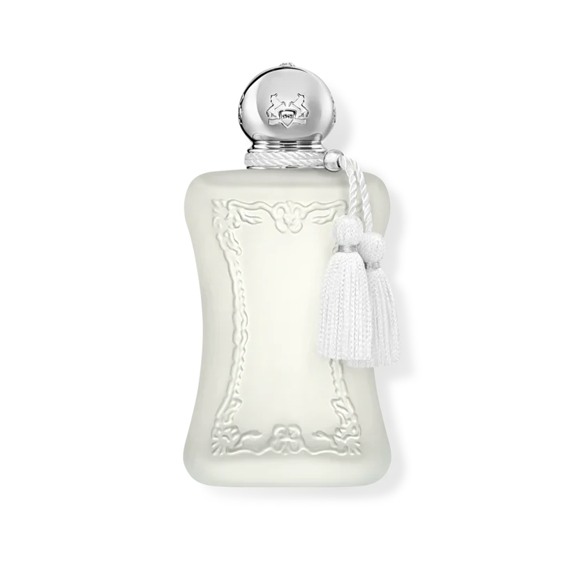 White perfume bottle with silver cap on a white background