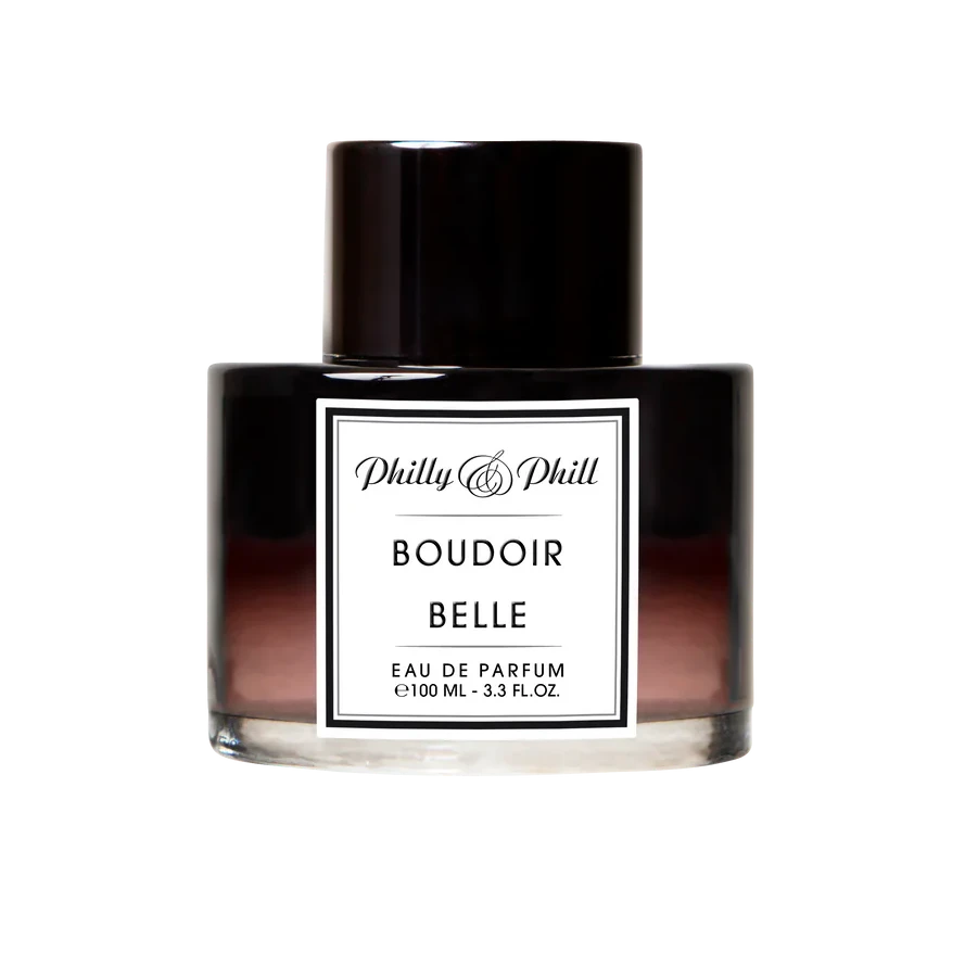 Perfume bottle labeled 'Boudoir Belle' by Philly & Phill on a white background