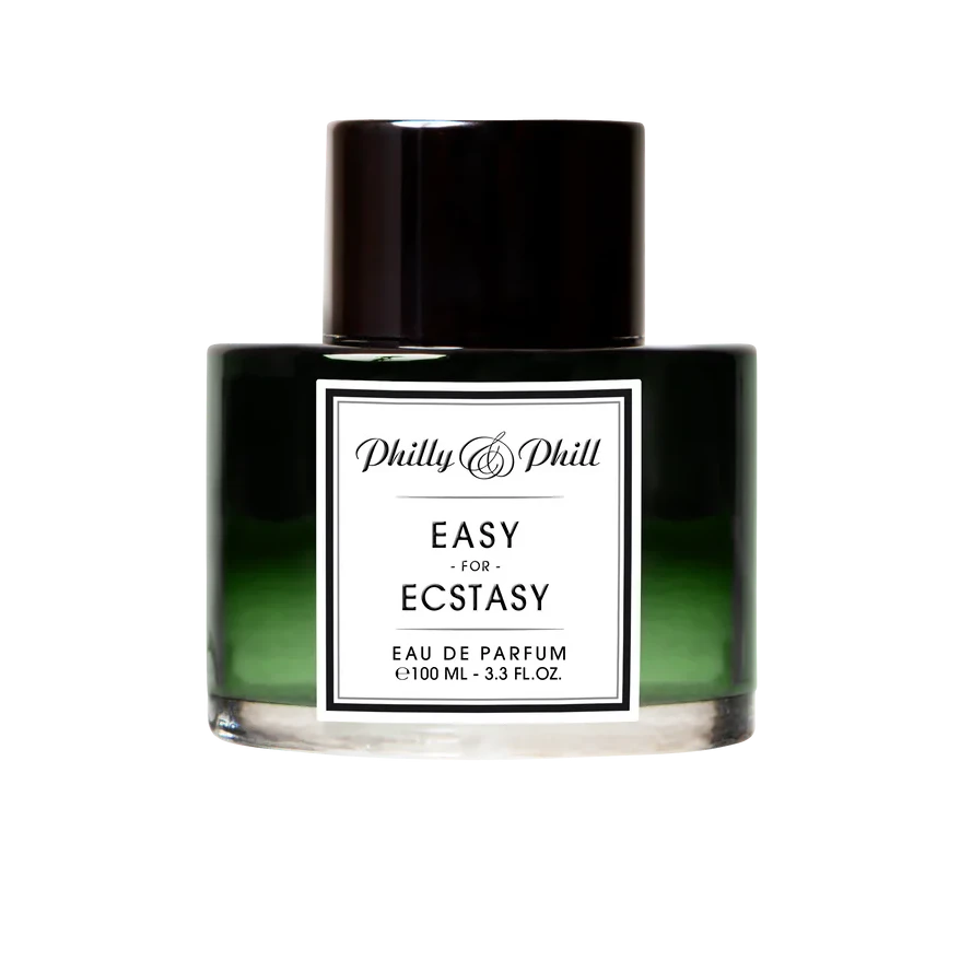 Perfume bottle labeled 'Easy for Ecstacy' by Philly & Phill on a white background
