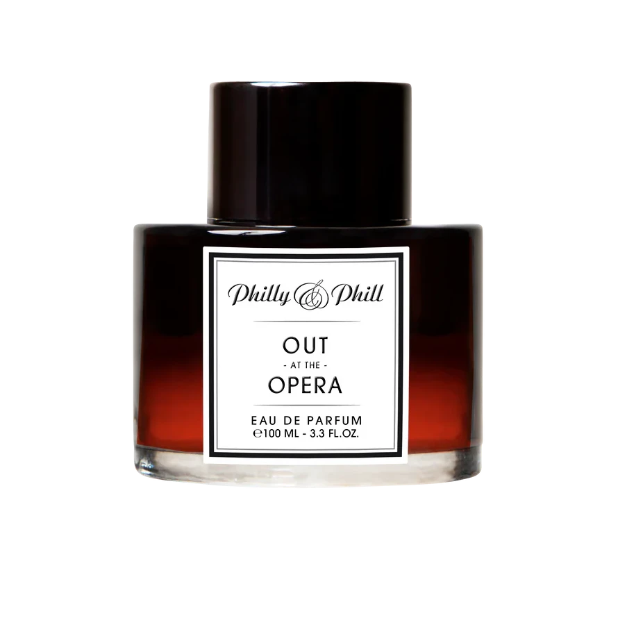 Perfume bottle labeled 'Out at the Opera' by Philly & Phill on a white background