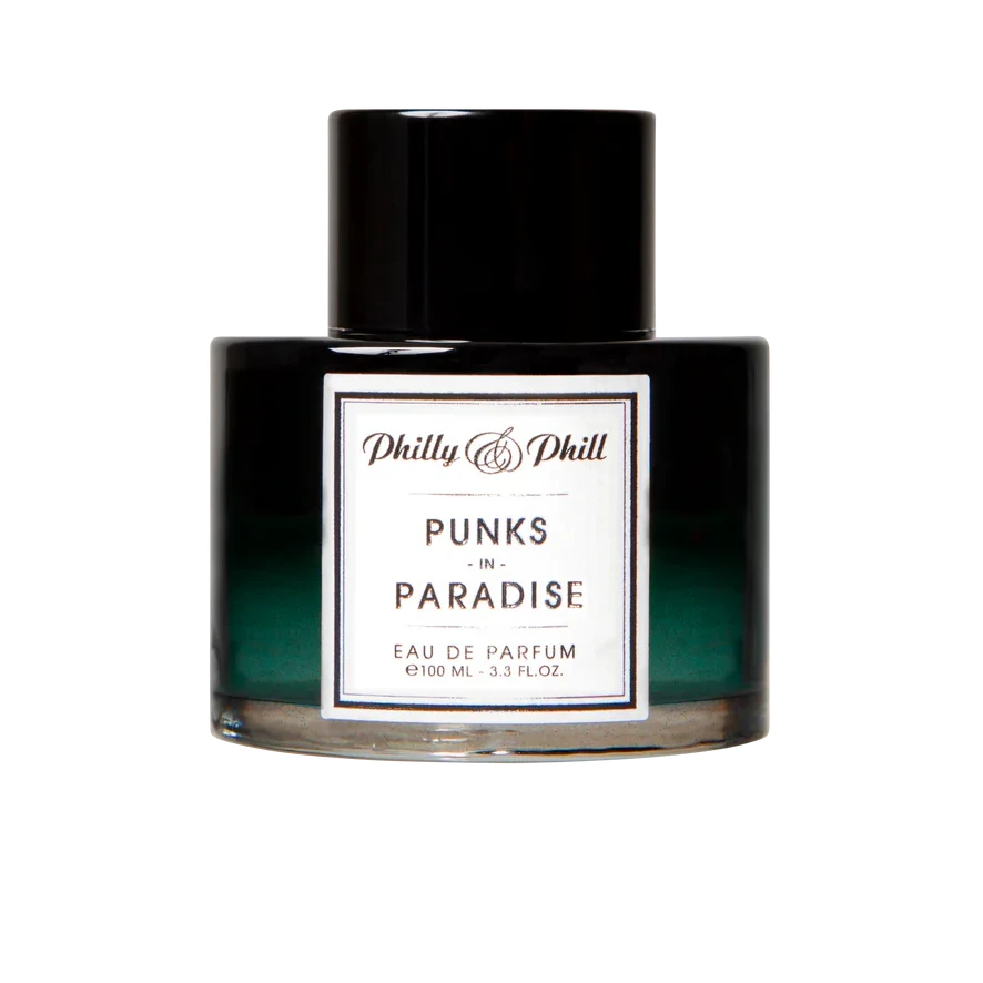 Perfume bottle labeled 'Punks in Paradise' by Philly & Phill on a white background
