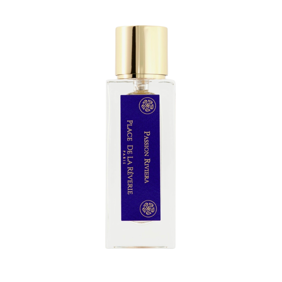 Perfume bottle with gold cap and purple label on a white background