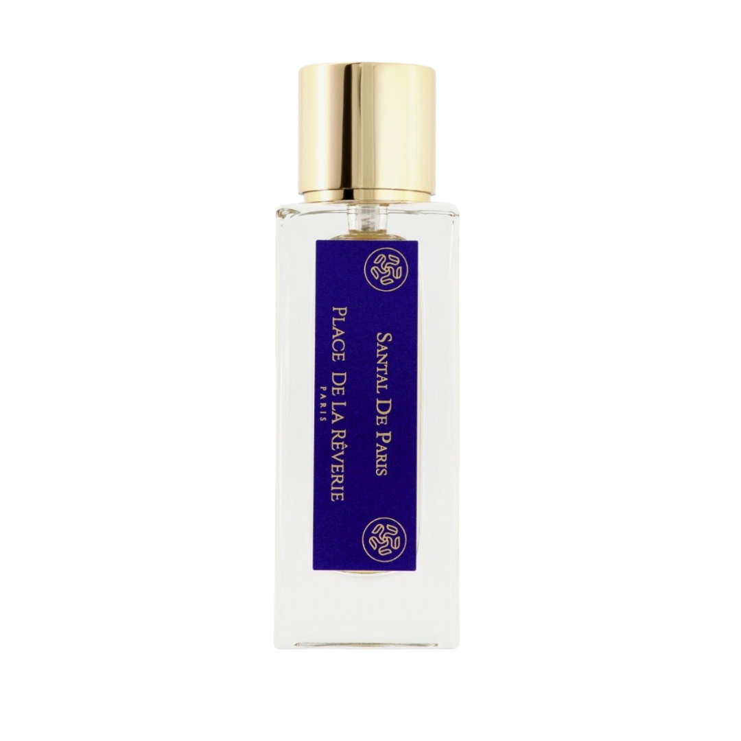 Perfume bottle with gold cap and blue label on a white background