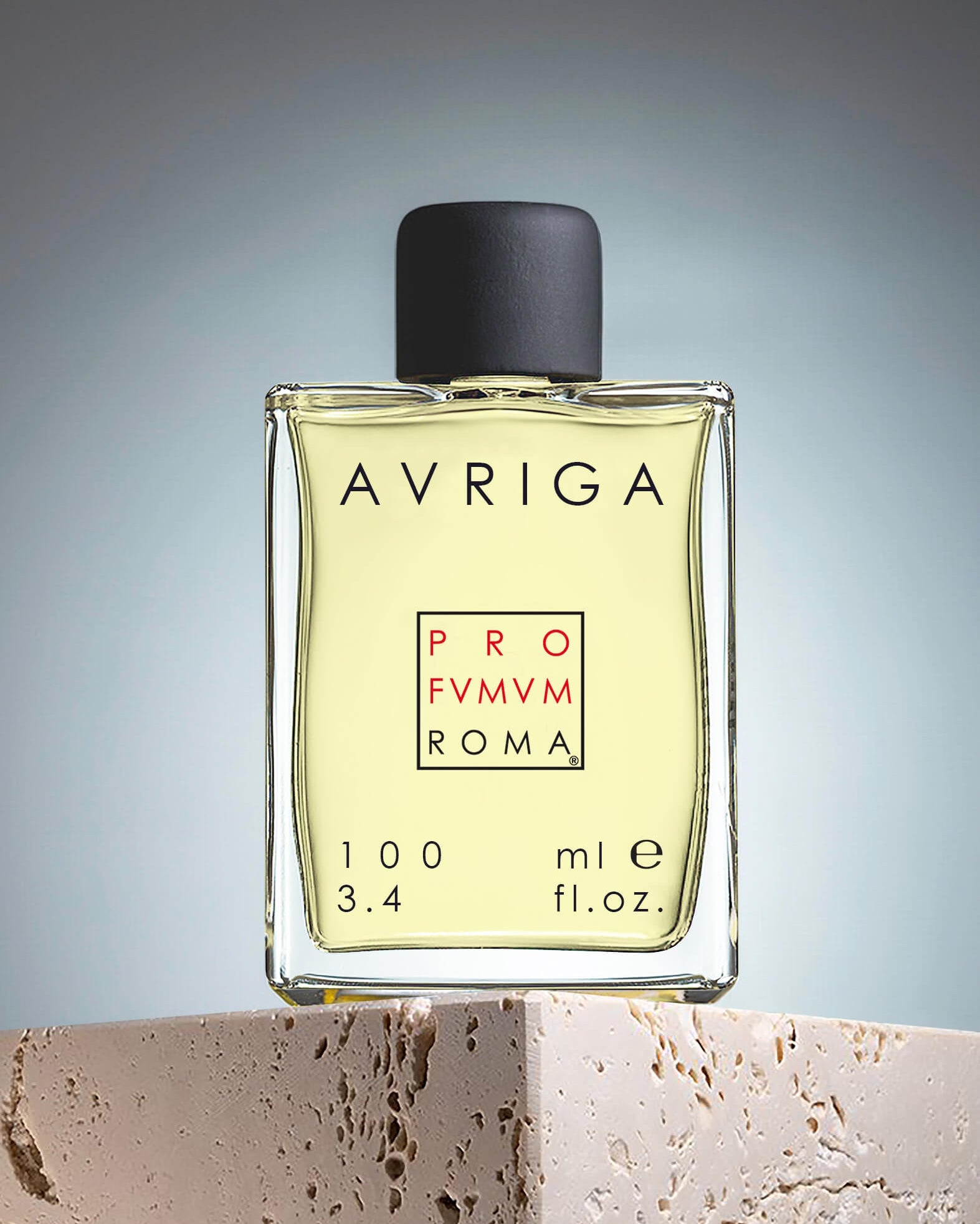 Avrigá perfume bottle on a textured surface with a gradient background