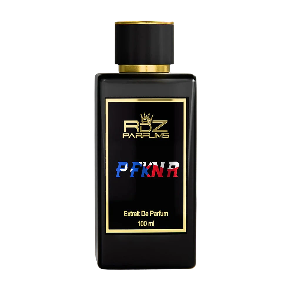 Perfume bottle with gold cap and black label on a white background