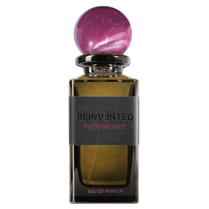 Perfume bottle labeled 'Reinvented Pheromones' with a marbled cap on a white background