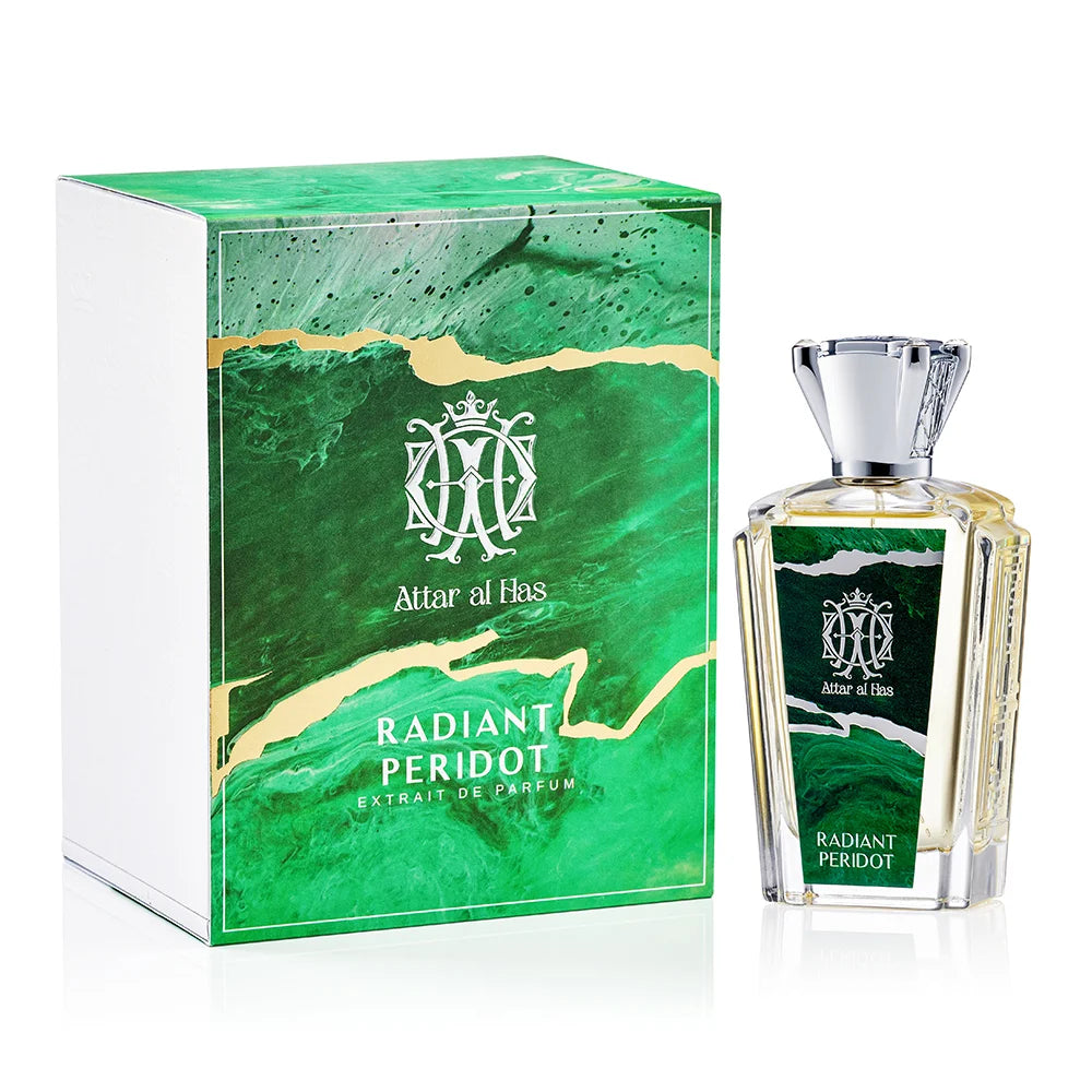 Perfume bottle and packaging of Radiant Peridot by Altar al Has on a white background