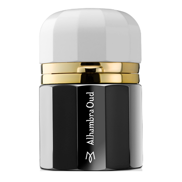 Perfume bottle with white cap, gold band, and black body featuring 'Alhambra Oud' branding.