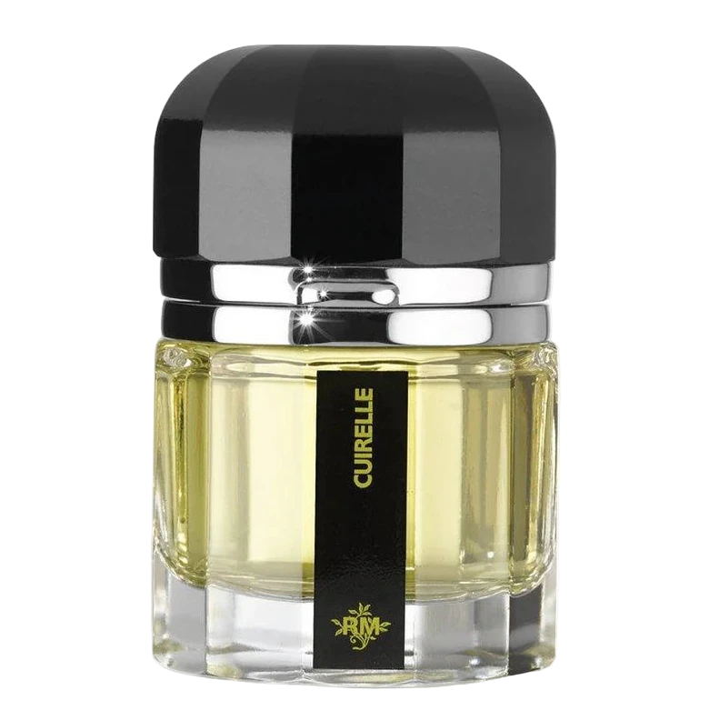 A square-shaped bottle of Ramon Monegal Cuirelle Eau de Parfum with a black cap and a yellow-colored fragrance liquid visible inside.