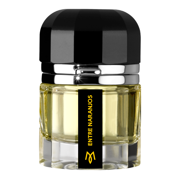 A square-shaped bottle of Ramon Monegal Entre Naranjos eau de parfum with a clear view of the fragrance inside. The bottle has a black cap and the label shows the brand name and the fragrance title.