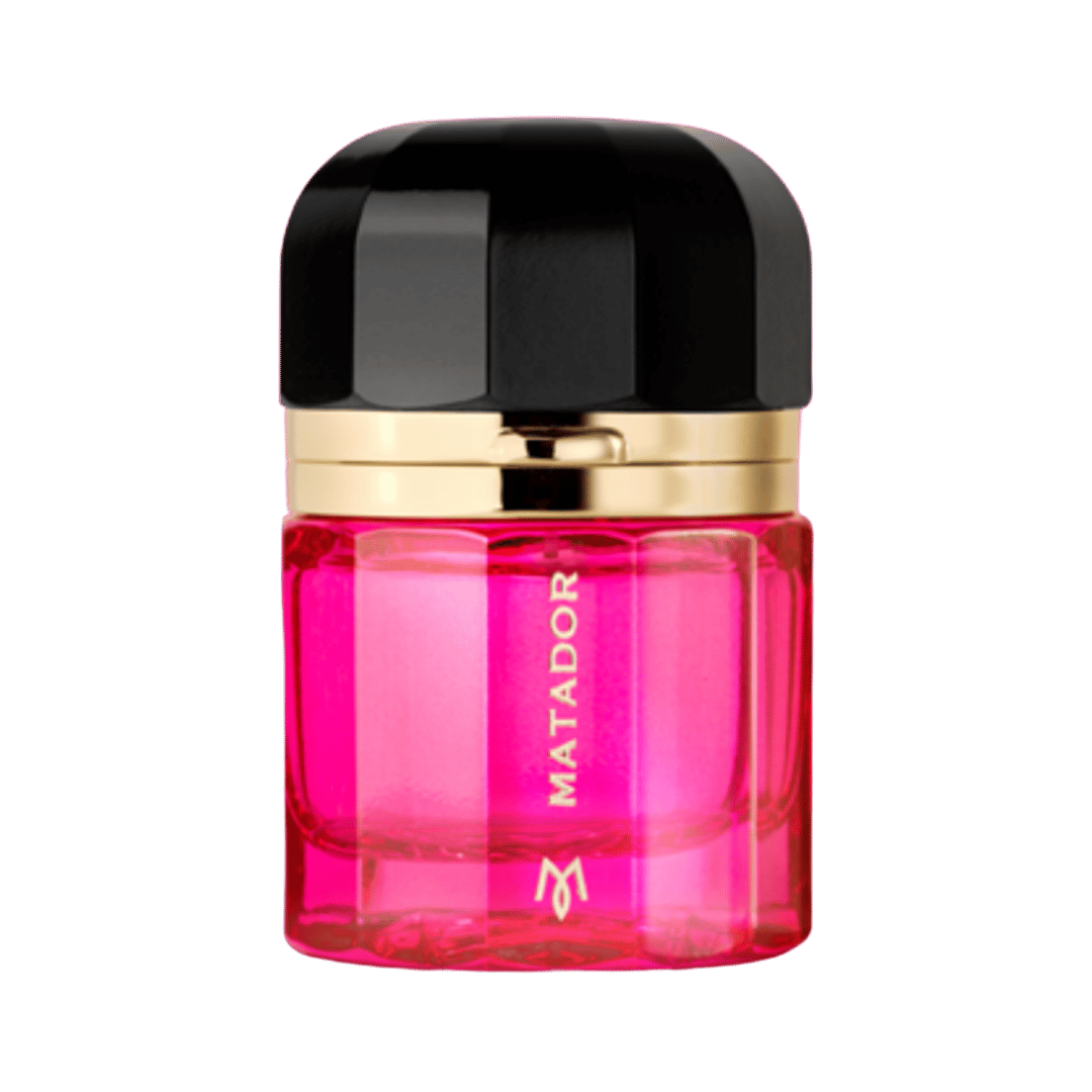 Pink perfume bottle with black cap and gold band on a transparent background