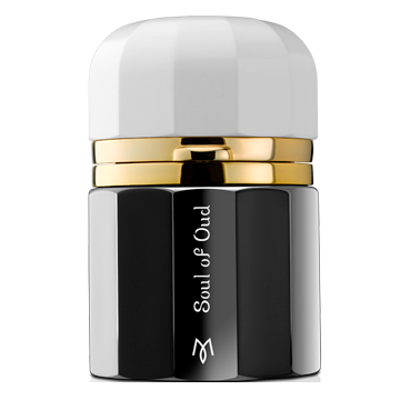 Elegant unisex perfume bottle with a white and black design, featuring a gold band and the Ramon Monegal logo.
