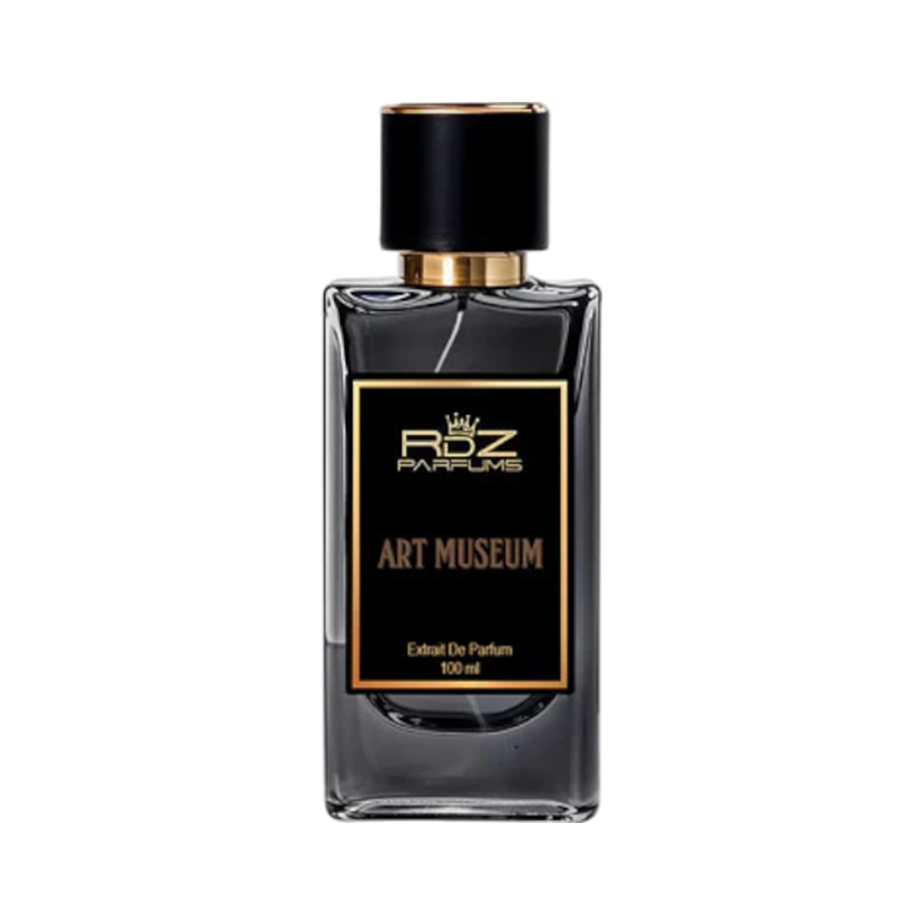 A black bottle of RDZ Parfums Art Museum Extrait de Parfum with a gold label and cap. The text on the label reads 'Art Museum' and the size is indicated as 100 ml.