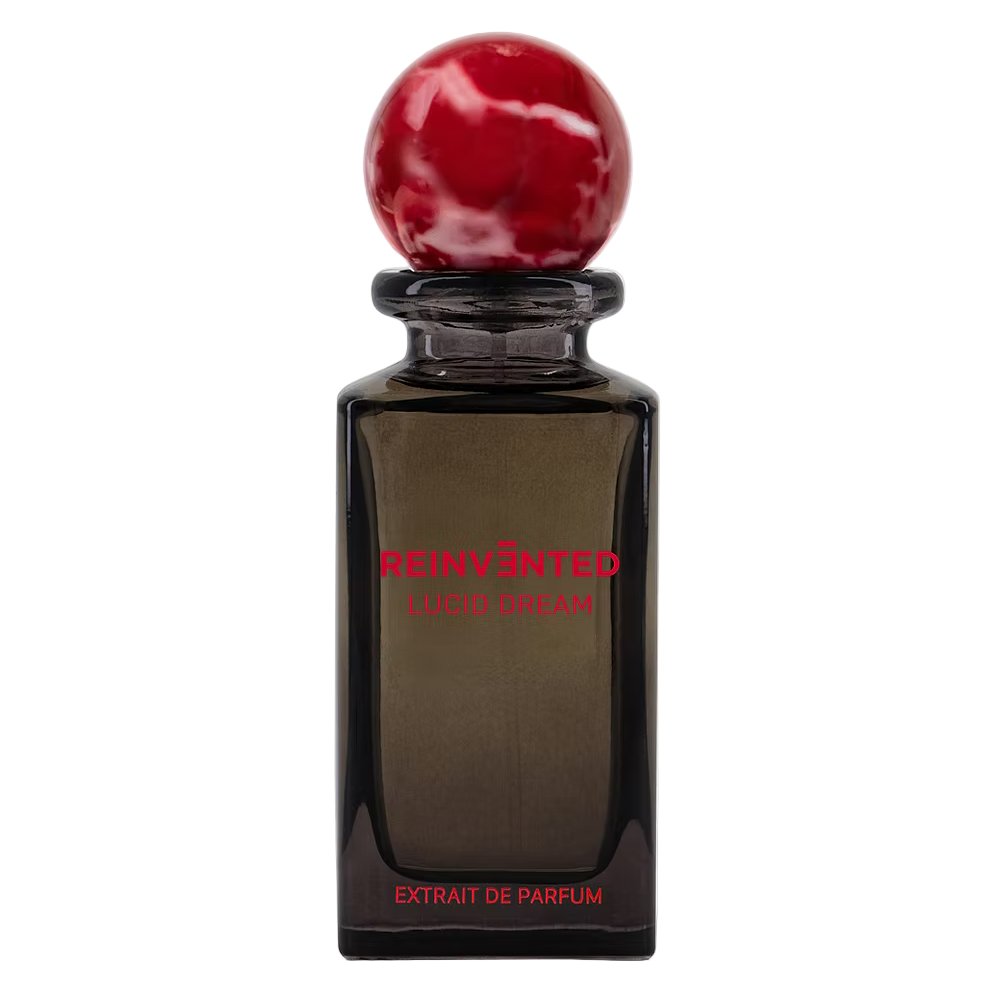 Perfume bottle with red cap and 'REINVENED' branding on a white background