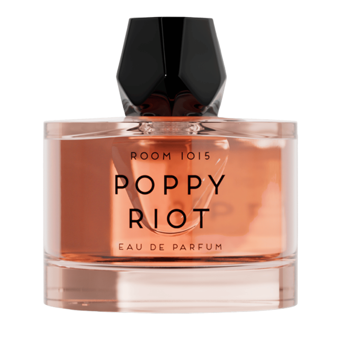 Perfume bottle labeled 'Poppy Riot' by Room 1015 on a transparent background