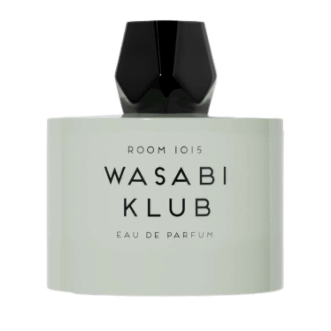 A bottle of Wasabi Klub Room 1015 Eau de Parfum with a pale sage green body and a faceted black cap, shown against a plain white background.