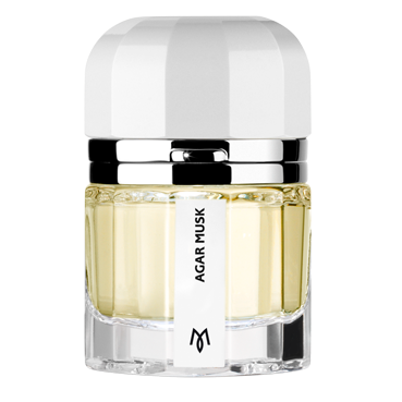 A bottle of Ramon Monegal Agar Musk Eau de Parfum with a white and gold label, containing 1.7 oz of fragrance.