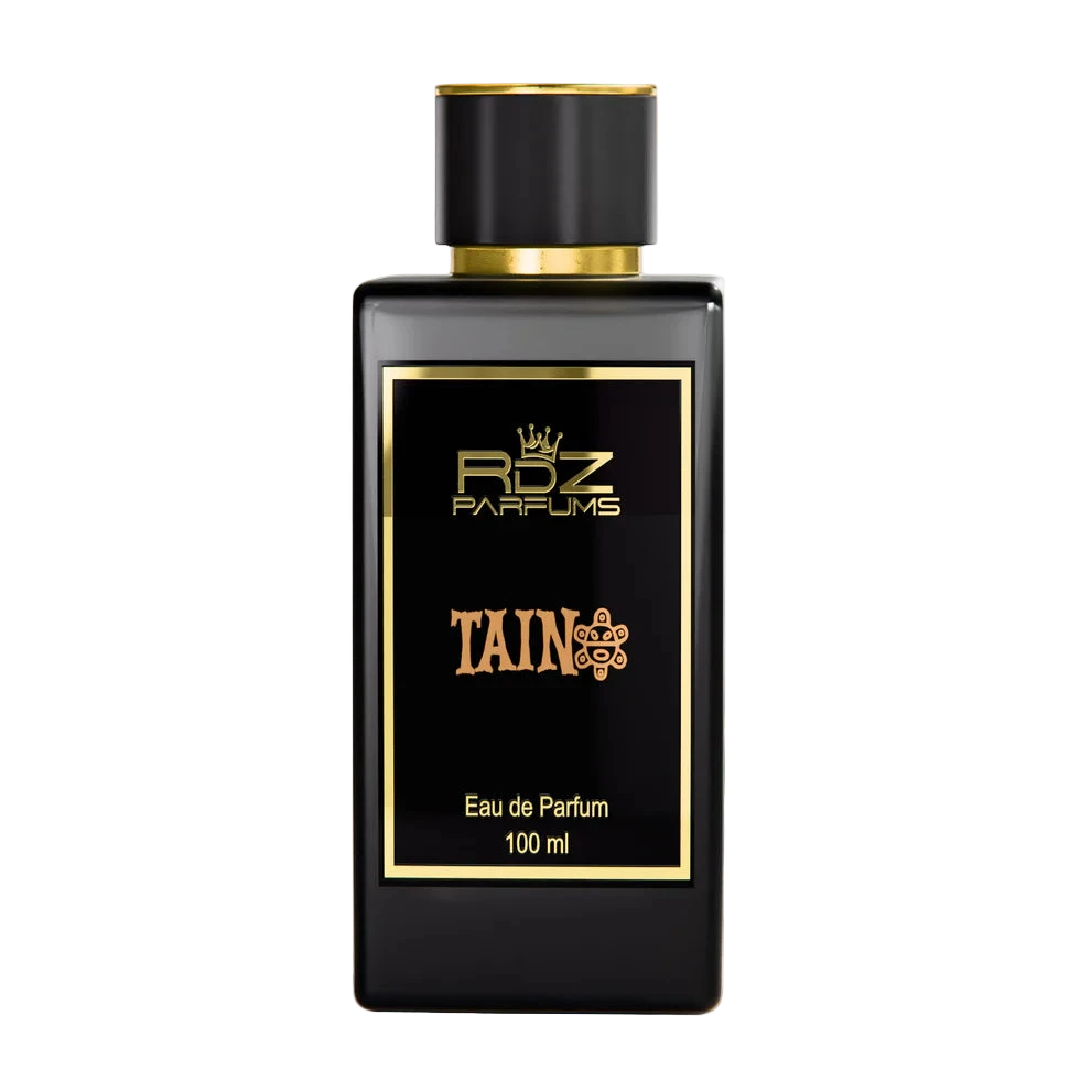 Black and gold perfume bottle labeled 'Rdz Parfums Tain' on a white background