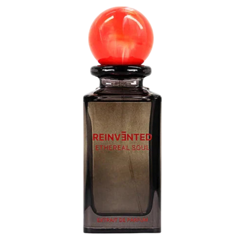 A square glass bottle of Reinvented Ethereal Soul Extrait de Parfum with a red cap. The label includes the name of the fragrance and the brand, HDYS PARFUMS.