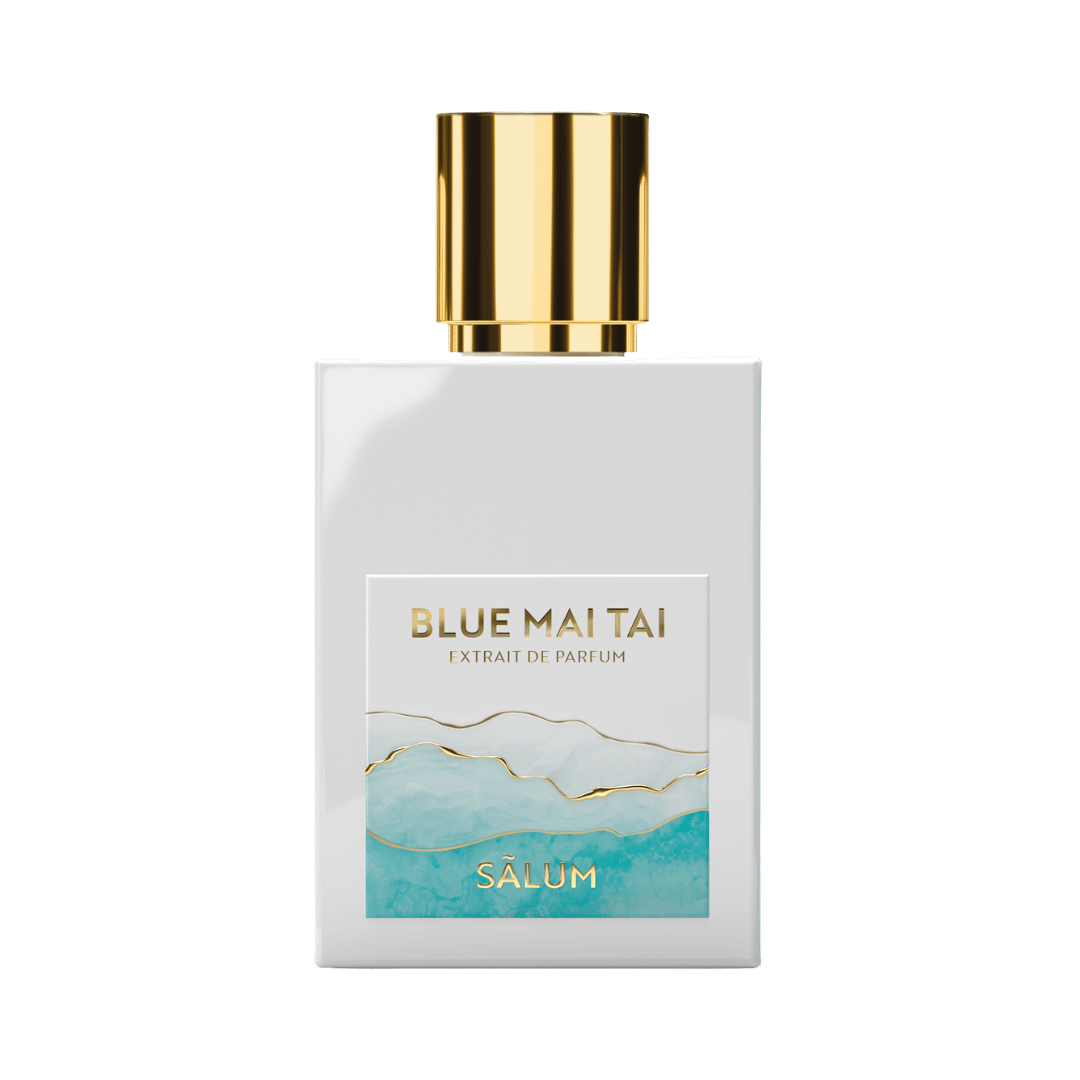 Perfume bottle labeled 'Blue Mai Tai' by Salum on a green background