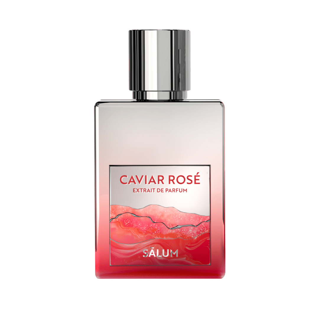 Perfume bottle labeled 'Caviar Rosé' by Sélum on a green background