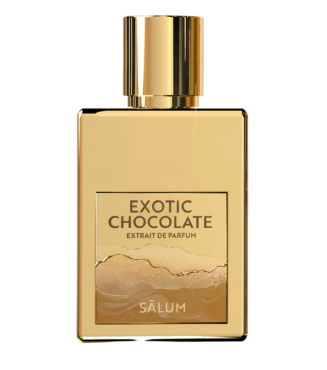 Gold perfume bottle labeled 'Exotic Chocolate' by Salum on a white background