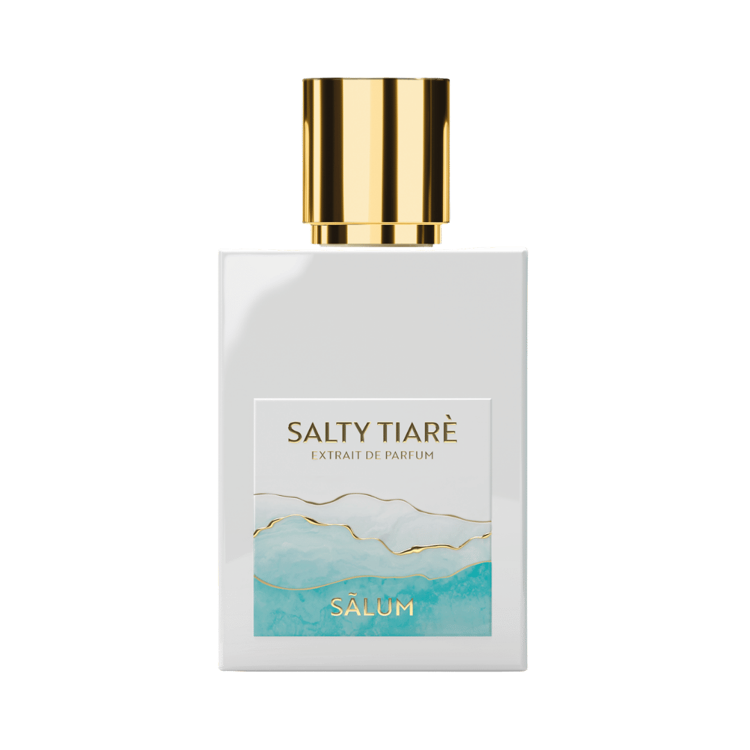 Perfume bottle labeled 'Salty Tiare' by Salum on a green background