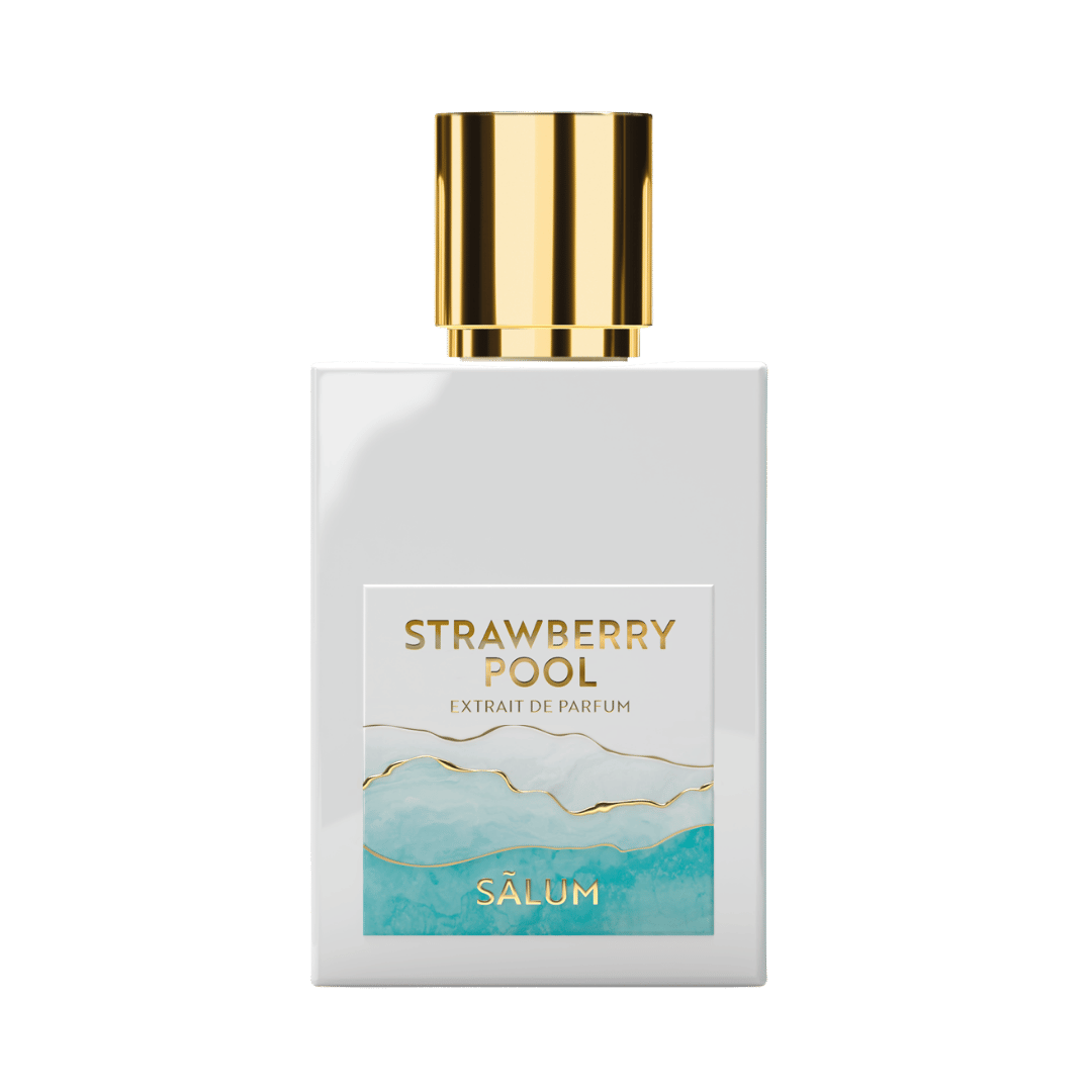 Perfume bottle labeled 'Strawberry Pool' by Sélum on a green background