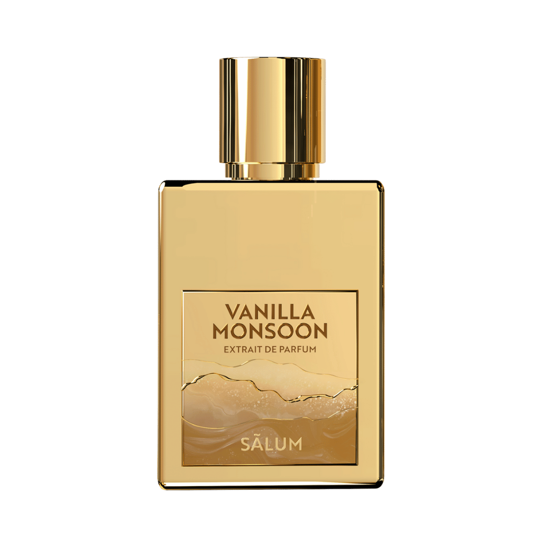 Gold perfume bottle labeled 'Vanilla Monsoon' by Sélum on a transparent background