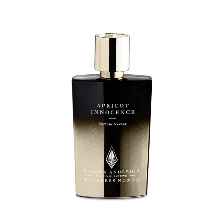 Perfume bottle labeled 'Apricot Innocence' by Simone Andreoli on a white background