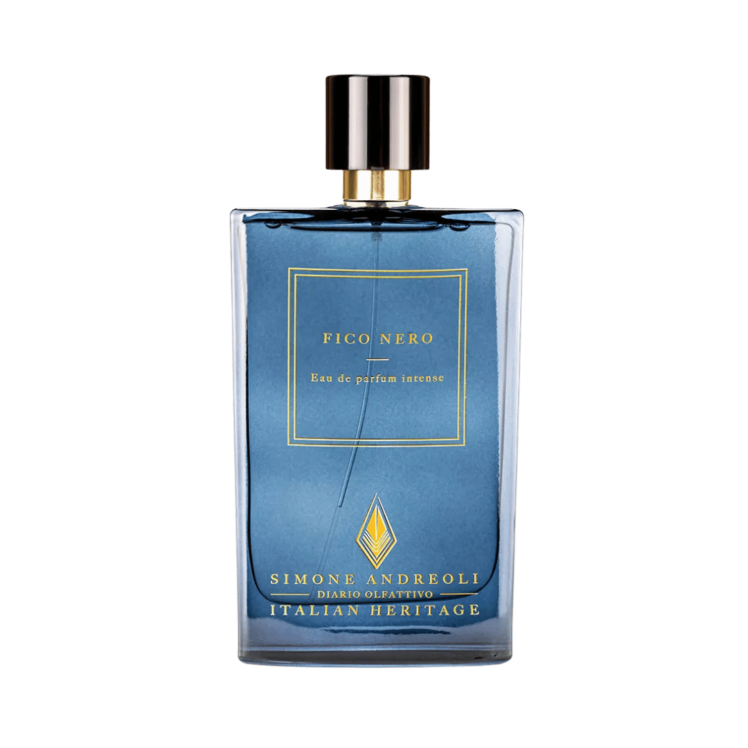 Blue perfume bottle with gold cap on a green background