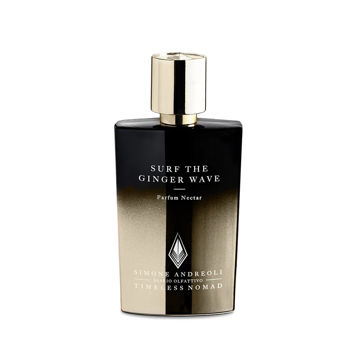Perfume bottle labeled 'surf the ginger wave' by Simone Andreoli on a white background